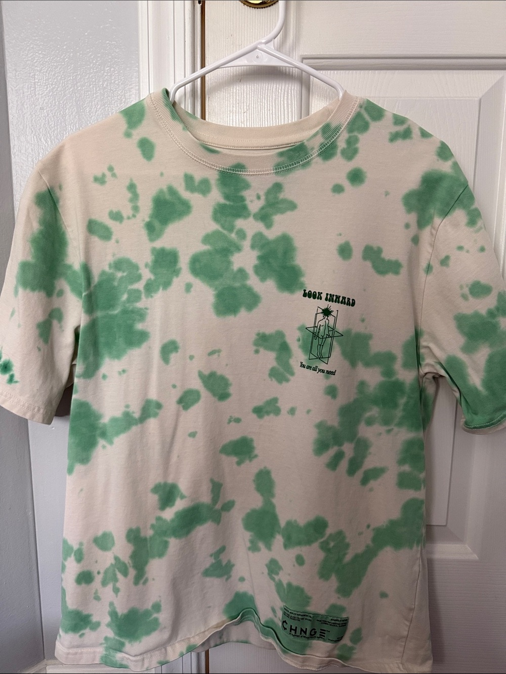 CHNGE Cream Tee with Green Tie-Dye Accents